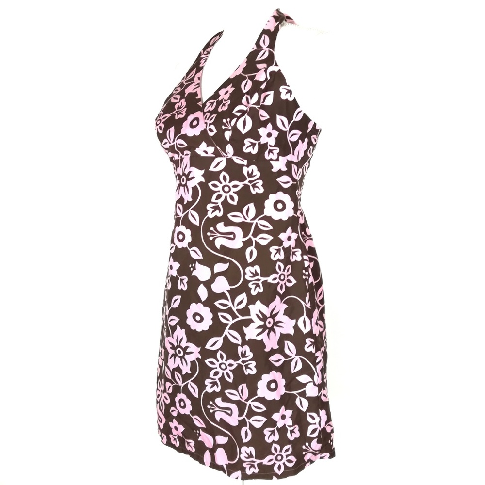 * halter sleeveless summer dress pink brown floral - Picture 3 of 8
